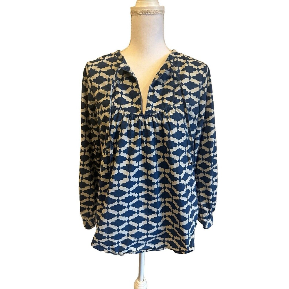 J. Crew Women’s 6 Blue Print 100% Cotton V Neck Tunic Blouse W/ Drawstrings Neck